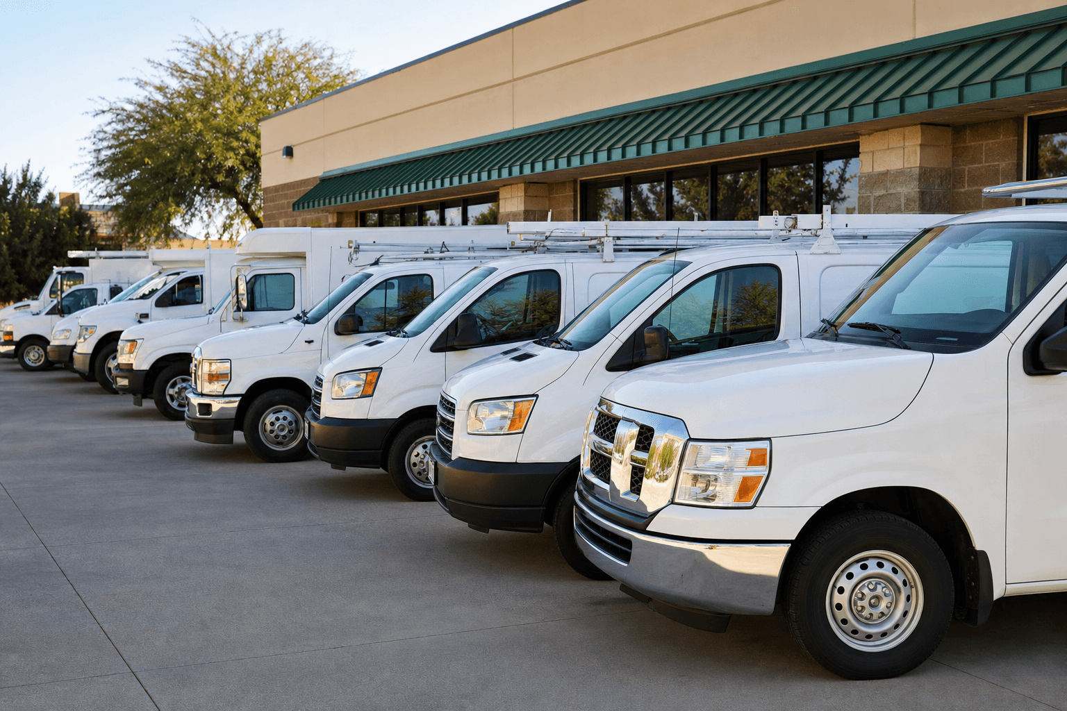 Fleet of clean white work vans and trucks lined up outside a building