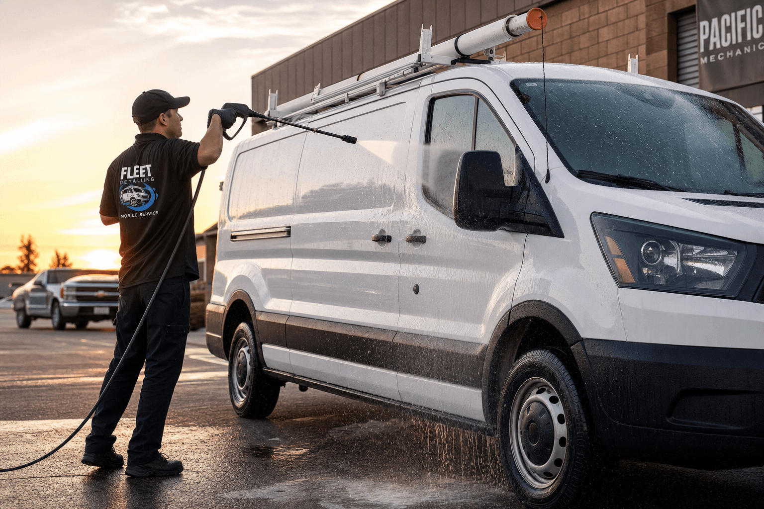 Fleet detailing technician washing a white work van exterior