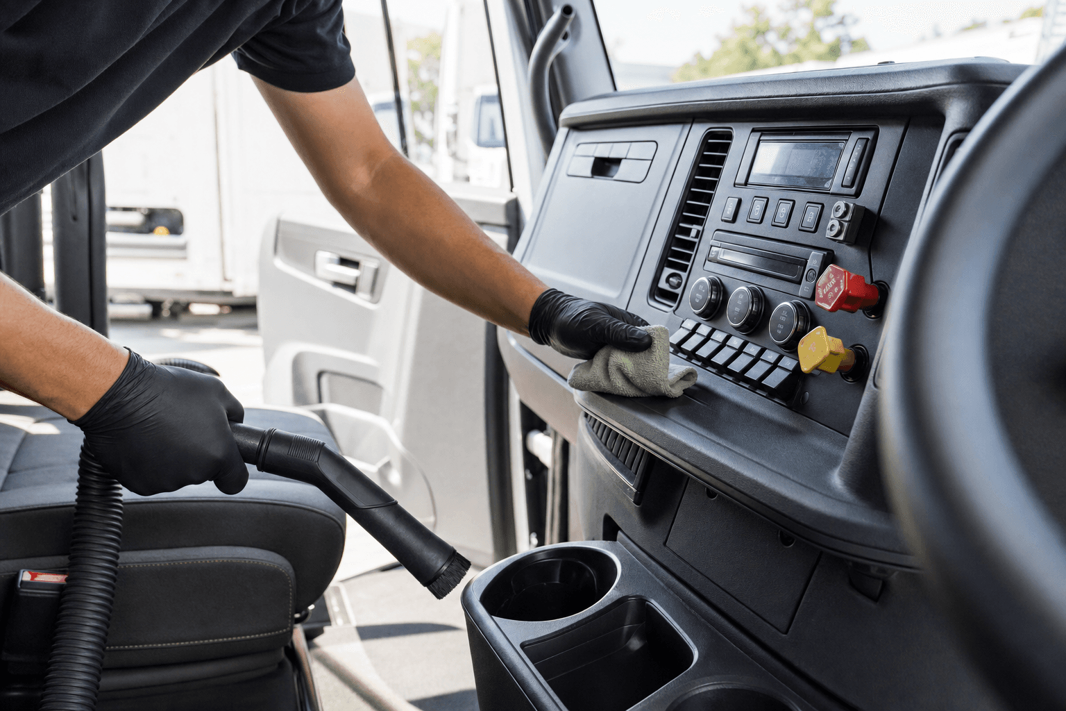 Interior vehicle detailing of truck cab vacuum and dashboard