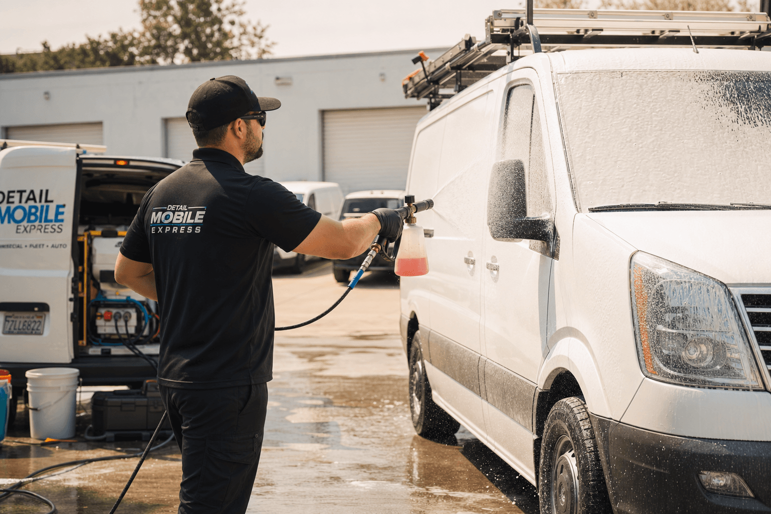 Mobile fleet detailing technician washing a work van with foam cannon