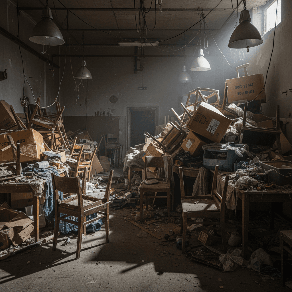 A cluttered basement with old furniture and boxes stacked against the walls.