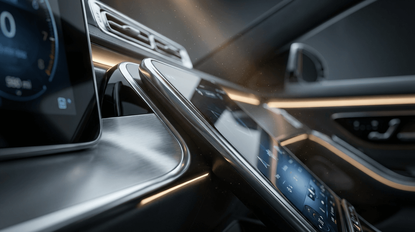 Premium car dashboard with chrome trim, glowing LED indicators, shallow focus interior detail in blue-silver tones.