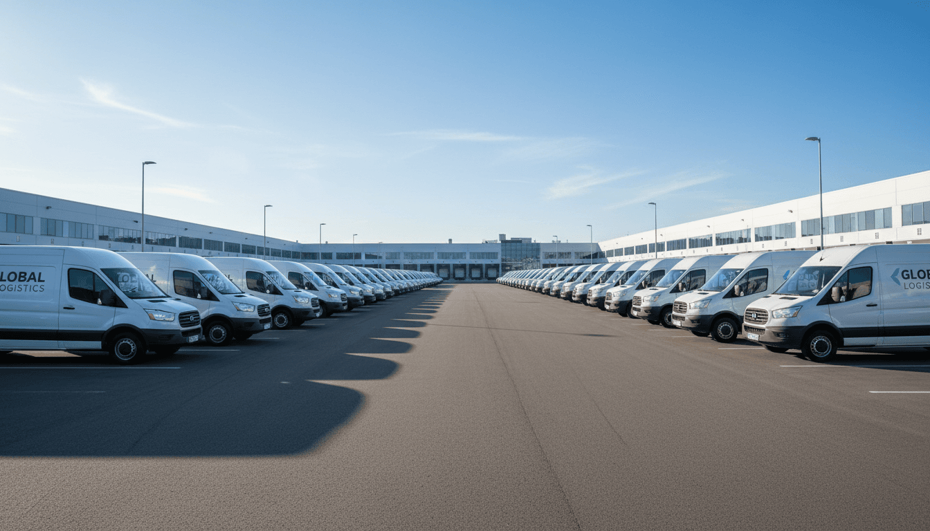 Fleet of white and gray cargo and step vans arranged in organized rows in a large industrial logistics yard