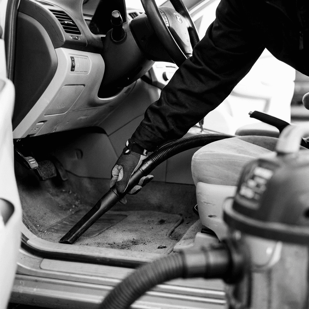 A person wearing gloves uses a vacuum cleaner to clean the dirty floor of a car's interior, showing a thorough cleaning process.
